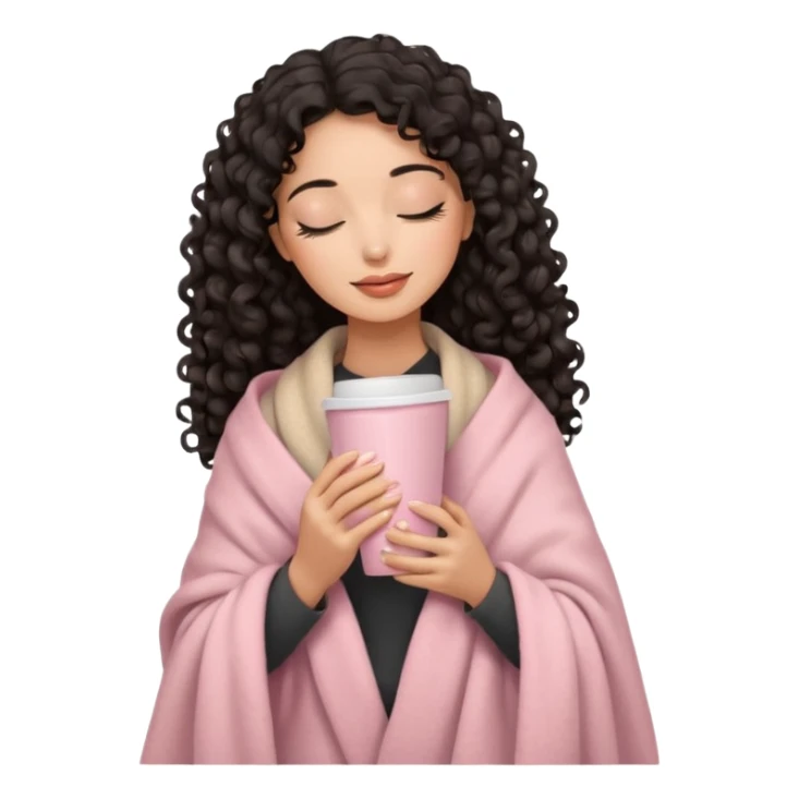 hispanic woman, black long 3b curls, closed eyes, feminine face, holding soft pink coffee cup with beige blanket over shoulders sticker