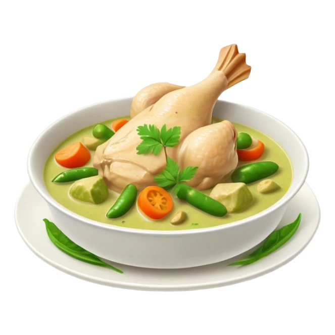 Green Chicken Curry Cinematic Realistic Green Chicken Curry Dish Emoji, depicted as tender chicken chunks simmered in a fragrant green curry sauce with vegetables, rendered with vivid textures and dynamic, vibrant lighting. sticker