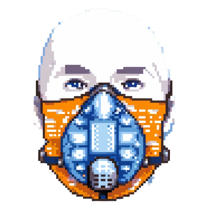 Pixelated blue VO2 max face mask with breathing tubes and valves, no person sticker
