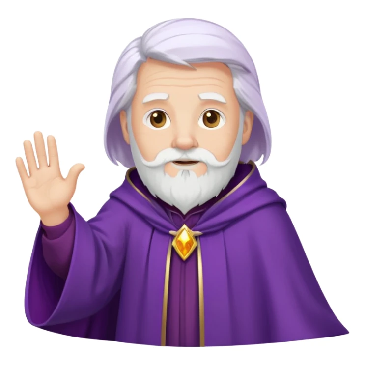Middle aged wizard with a purple cloak, short white hair and a medium sized white beard waving hello  sticker