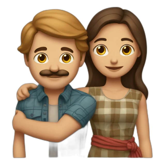 Tall white man with brown hair and a mustache wearing plaid hugging small Indian woman sticker