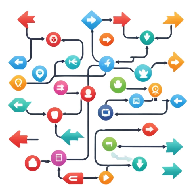 colorful flowchart diagram with many arrows connecting icons sticker