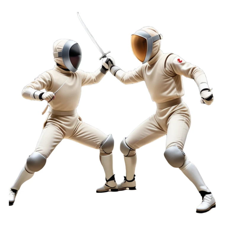 Two fencers in full protective gear and masks duel on a professional piste, swords clashing mid-air. Dynamic lunges and defensive stances highlight the intensity of the sport. The background features a stylized fencing arena with bright lights. Transparent background sticker