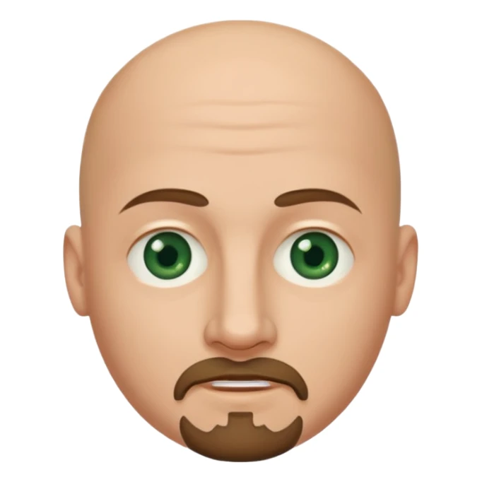 white caucasian bald man's face, with brown  round goatee and dark green eyes, oval face, rounded, big, little eyes a small smile,  sticker