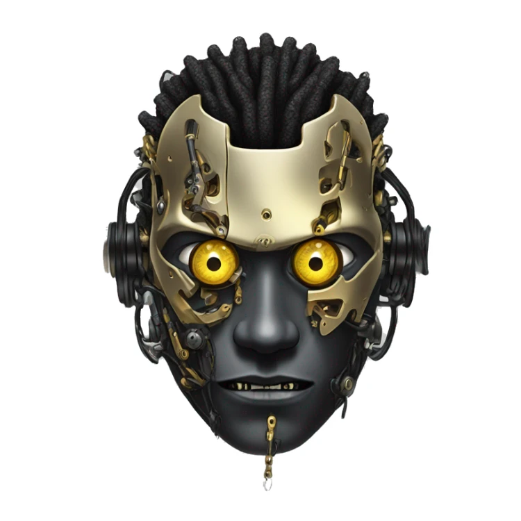 black metal male cyborg head with  one artificial eyeball, circuitry, goatee and dreaded yellow gold hair sticker