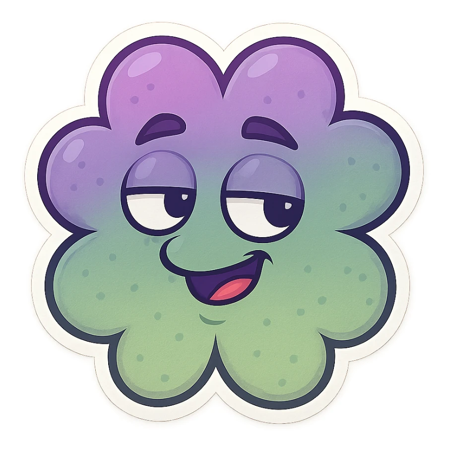 Remove the stem and make the four leaf clover more bubbly, keep the cartoon style and the top to bottom purple to green gradient. sticker