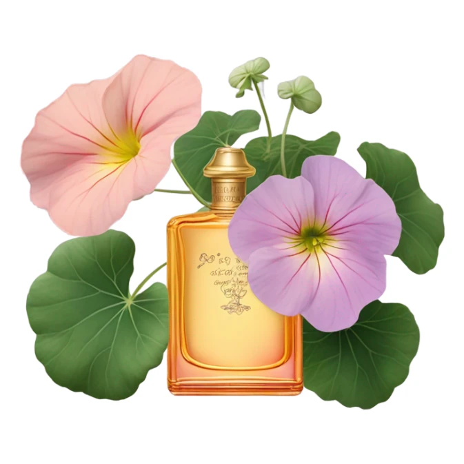 Aesthetic display of blush pink nasturtiums, an elegant violet perfume bottle, a vintage love letter, and a violet satin pouch.
 sticker