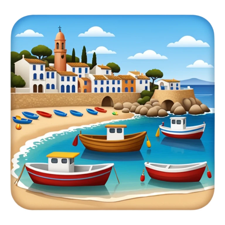 Calella de Palafrugell, beach and boats, apple emoji style, no border sticker