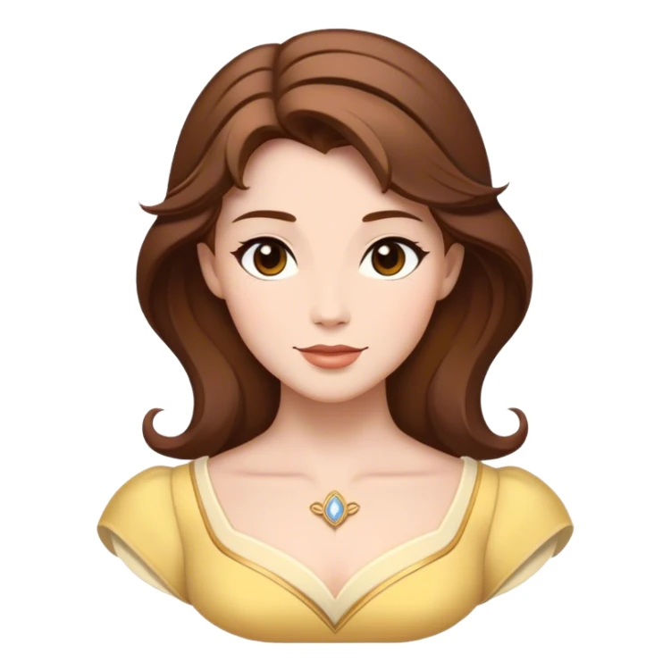 Cinematic Timeless Belle Portrait Emoji, rendered in a clean, vector style. Depict Belle with fair, luminous skin, beautifully arranged brown hair, and a serene, graceful expression, dressed in her classic attire. The design features bold, simplified shapes, a soft, enchanting glow, and a subtle glowing outline, capturing the essence of pure, timeless beauty. sticker