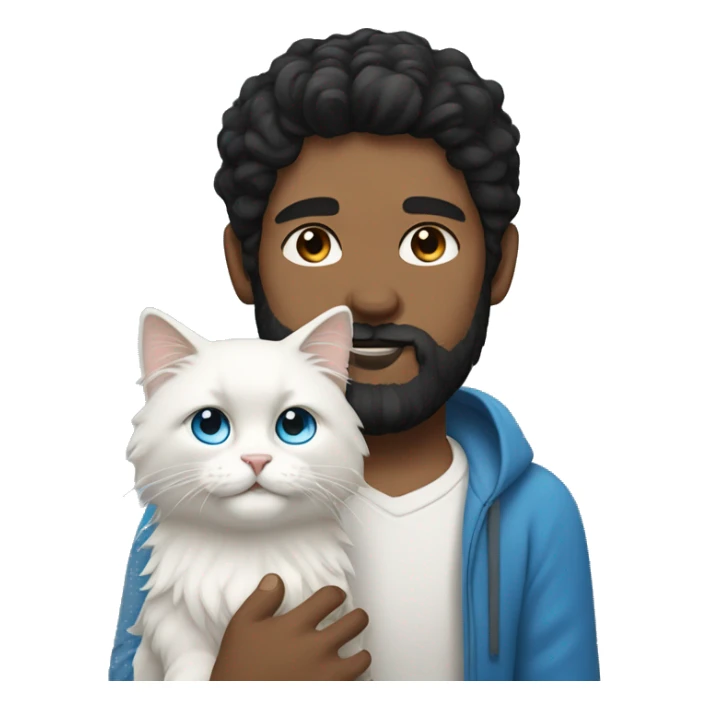 man with black hair, a beard and blue eyes holding a white Siberian cat sticker
