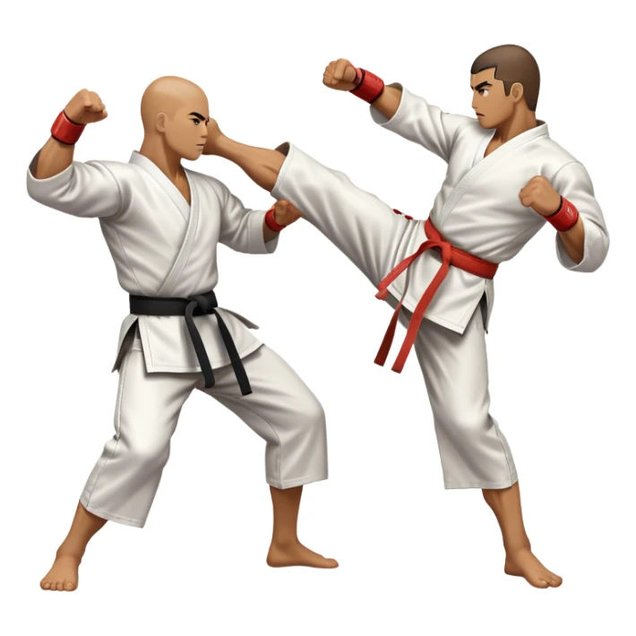 An icon symbolizing traditional Karate, featuring two opponents in a fierce battle. One fighter is delivering a high kick, while the other blocks the attack with a strong defense. The background reflects the calm yet intense atmosphere of a dojo, with traditional elements. Transparent background  sticker