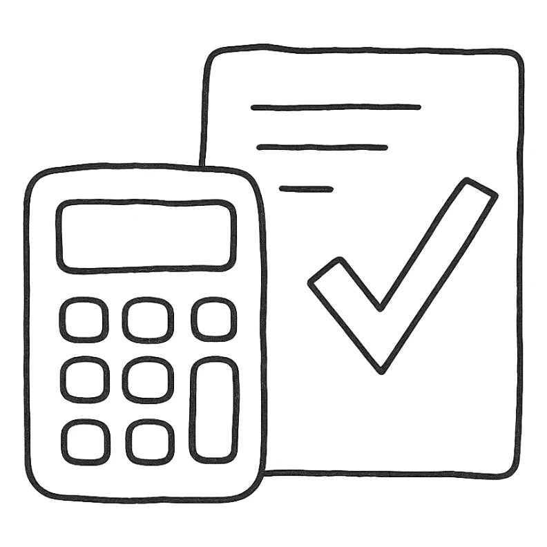 estimate icon, calculator and document, hand drawn black outline, playful, sketchy sticker