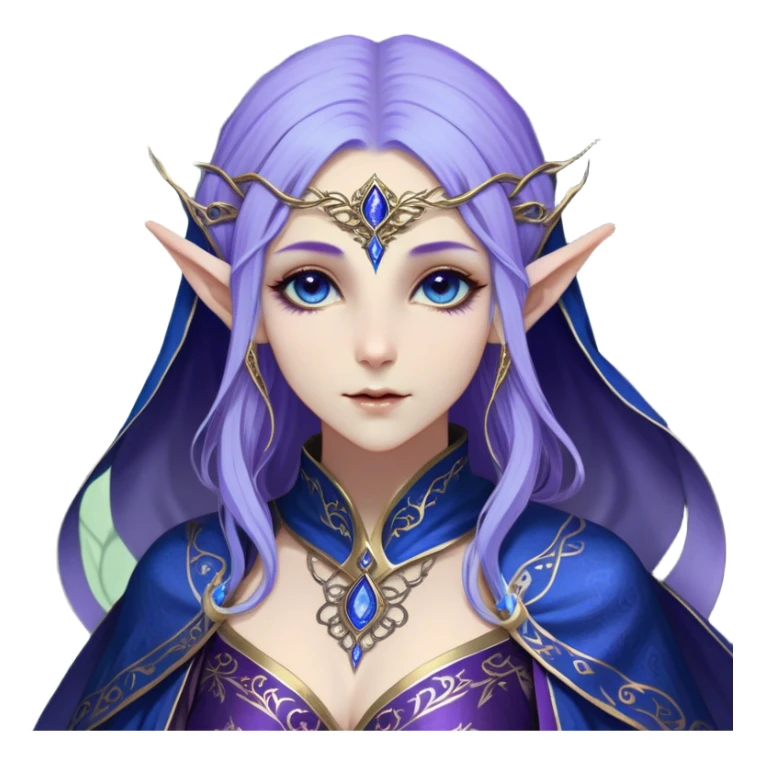 Cinematic Realistic WoW Elf Mage Portrait, depicted with ethereal, otherworldly beauty and refined arcane mastery. Clad in an intricately detailed robe in consistent deep blues and purples accented with shimmering gold filigree, her luminous, porcelain-like skin and delicate features evoke timeless elegance. Her piercing, mystical eyes radiate ancient wisdom, rendered with lifelike texture and subtle, magical lighting, high shine, noble and majestic, capturing the essence of a legendary elven sorceress. sticker