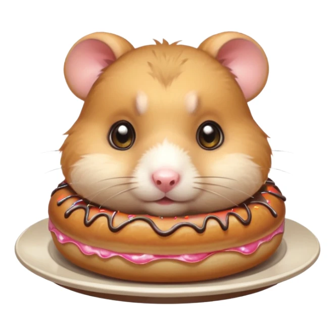 Cute cartoon-style hamster staring dramatically at a donut on a plate, conflicted expression, big shiny eyes. Painterly shading, white background, sticker-style illustration sticker