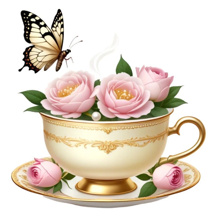 A charming, softly lit evening tea scene, where an ornate golden tea strainer rests atop a delicate ivory teacup filled with rose-infused tea, fresh blush roses and white peonies scattered around, while a pearl butterfly hovers above the steam.
 sticker