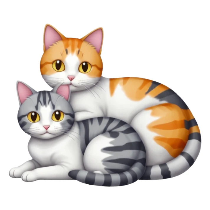full body colourful light patched calico + white tabby cat cuddling a big grey and white tabby cat  sticker