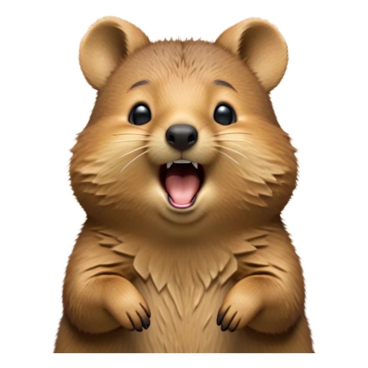 Cinematic Cute Yawning Quokka Portrait Emoji, Head tilted slightly with a dramatic, wide-open yawn, showcasing a soft, downy brown fur with a slightly droopy expression and eyes barely open in drowsy contentment, Simplified yet irresistibly adorable features, highly detailed, glowing with a soft, cozy glow, high shine, relaxed yet expressive, stylized with a touch of playful charm, bright and endearing, soft glowing outline, capturing the essence of a sleepy yet affectionate quokka, so drowsy it feels like it could stretch out of the screen and curl up for a nap! sticker