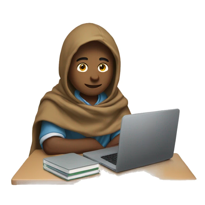 male student sitting at a school desk with a big blanket wrapped around shoulders working on chromebook sticker