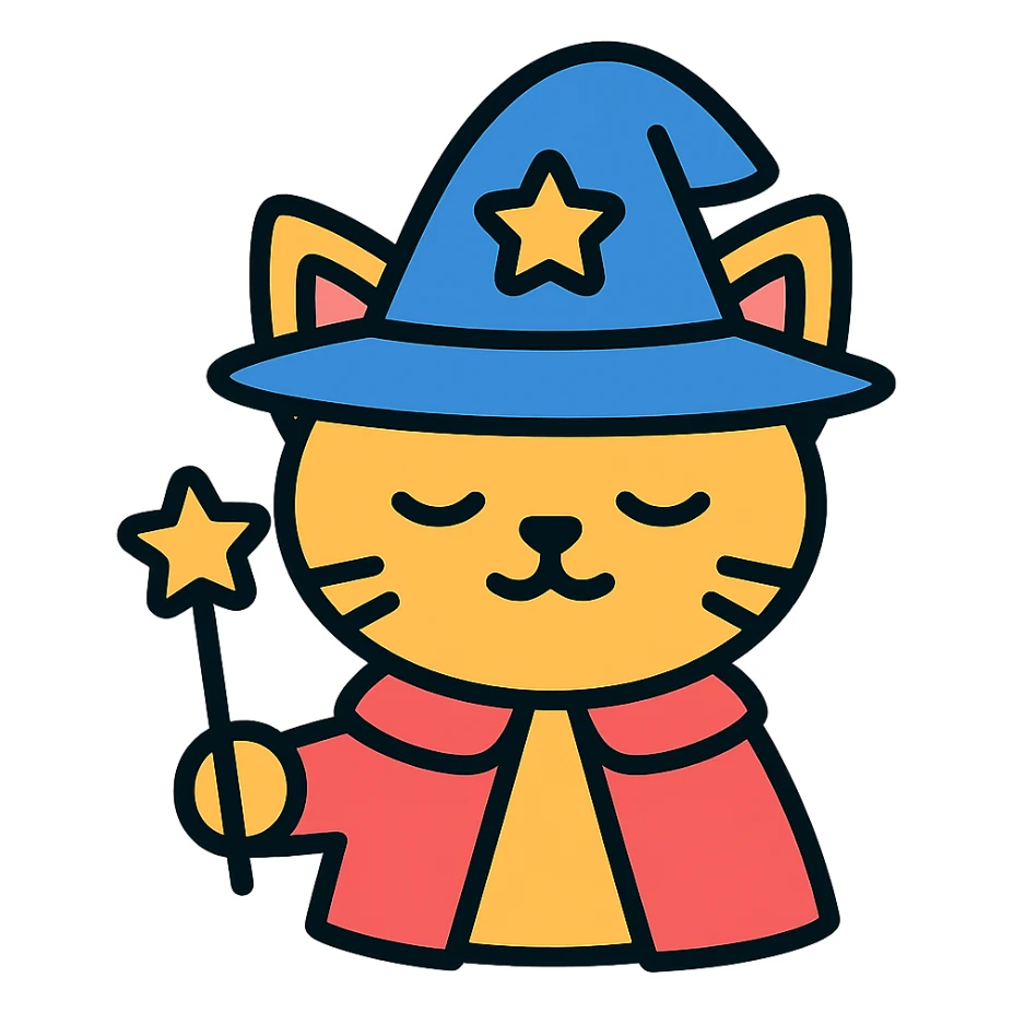cat magician with a wizard hat and wand, colorful icon sticker