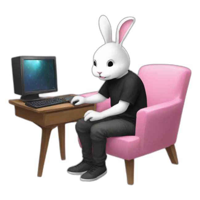 yugy bunny black t-shirt playing computer on pink chair dark souls 2 sticker