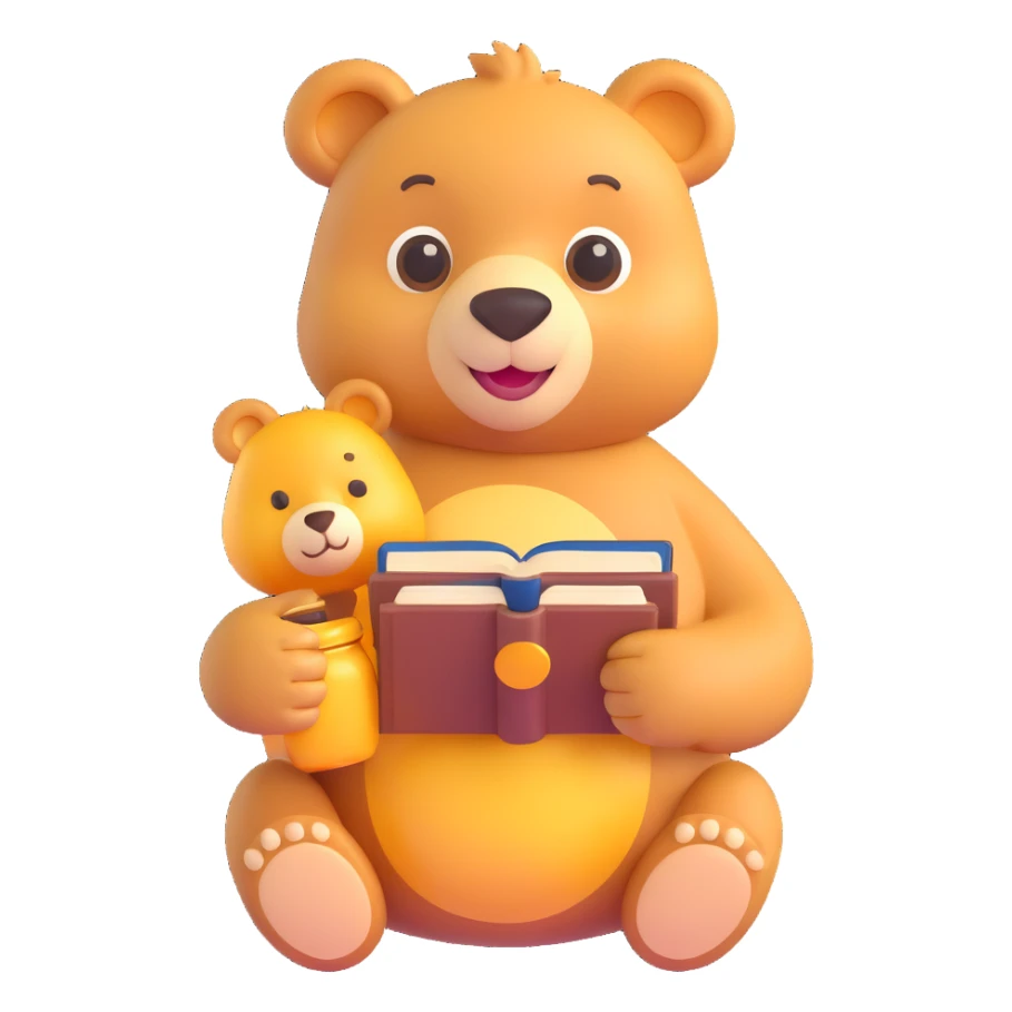 emotional soft bear character, soft bear shape, round face, big gentle eyes, cozy smile with slightly sleepy relaxed eyes, honey color with warm tones, delicate and caring emotional style, holding a honey pot or small book in hand, Disney Winnie the Pooh atmosphere sticker