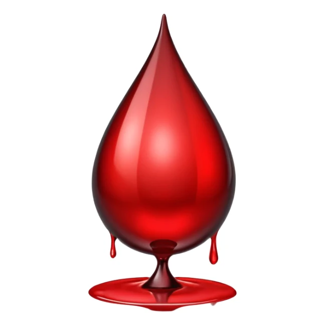 single blood drop emoji sculpted from dark liquid metal, glossy surface, dramatic reflections, futuristic minimal 3D style, isolated on white sticker
