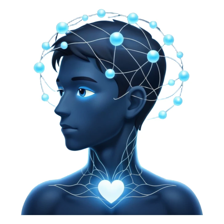 elegant man silhouette with delicate interconnected lines and floating orbs, luminous cores at head and heart, soft white-blue light sticker
