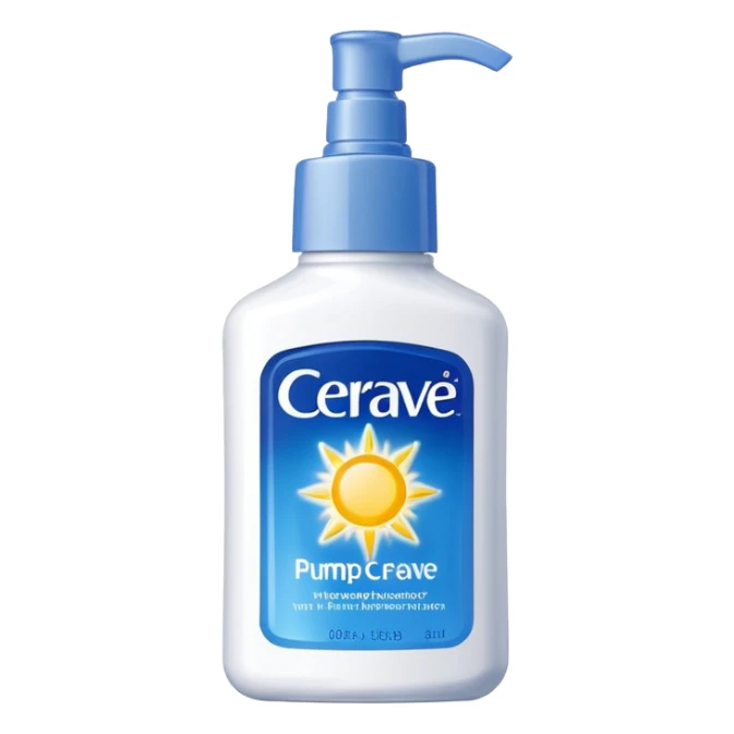 White CeraVe pump bottle with blue label and bright yellow  glow badge. Floating in golden morning light, encircled by radiant sunbeams and shimmering protective particles. A shield of light surrounds it like a solar barrier. Glossy, potion-like, symbolizing daily moisture and powerful sun defense. sticker