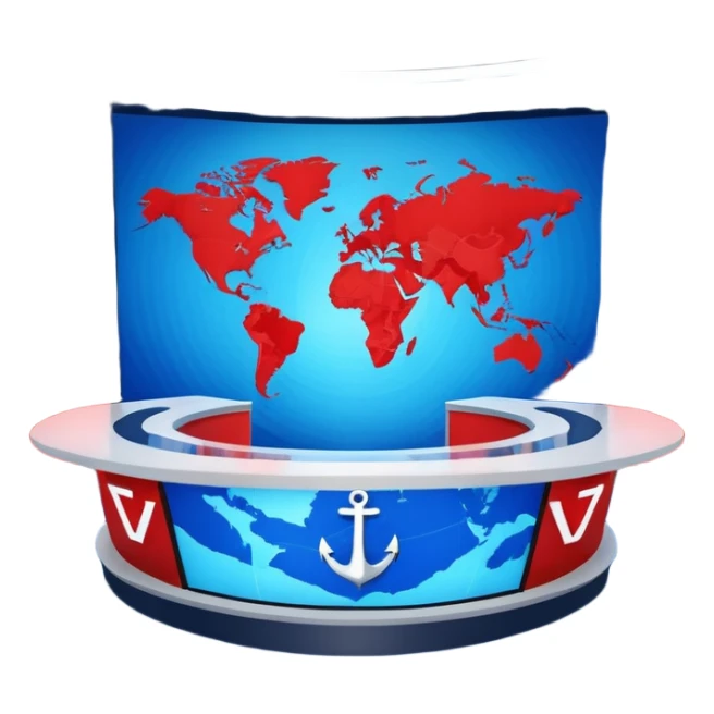 Professional news TV studio interior, modern anchor desk in center, large curved LED screen wall behind presenter, abstract global map graphics, blue dominant colors with red accents, symmetrical composition, broadcast-quality lighting, realistic 3D studio render sticker