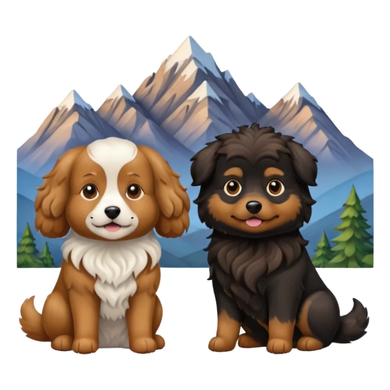 two dogs with wavy hair, one black and one brown with mountains sticker