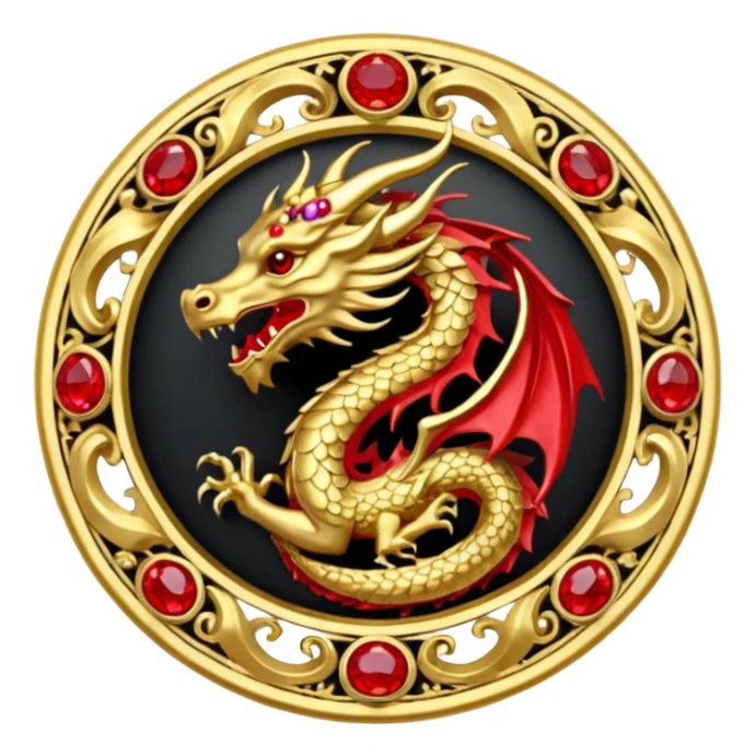 Golden dragon crest / brosch in a circle with red gems and no background sticker