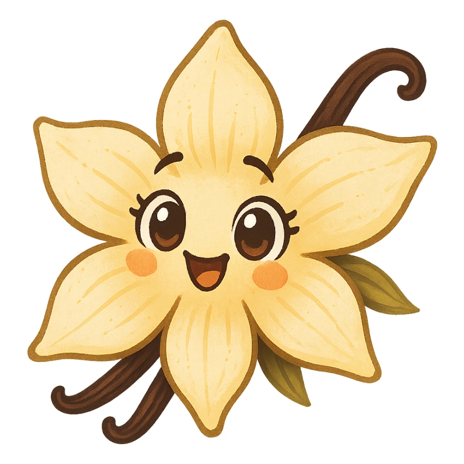 stylized vanilla flower with doe eyes, joyful atmosphere, transparent background sticker