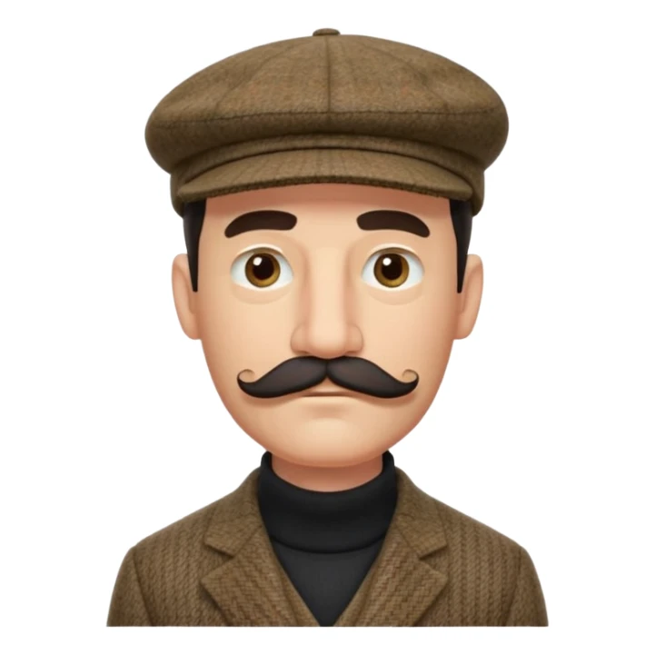 three quarter head profile huge mustache big sideburns sport coat black turtleneck tweed flat cap, squinting eyes trying to puzzle out sticker