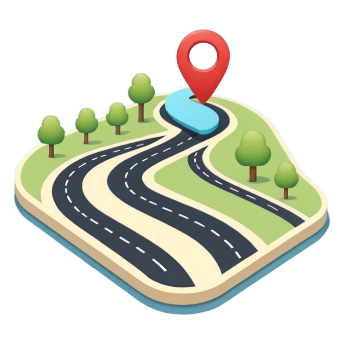 Very simple navigation map icon, bold clean lines, curved road with location pin, Waze style colors, flat design, minimal, no background
 sticker