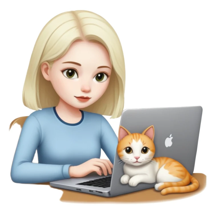 A girl is working on a laptop with a cat lying next to it sticker