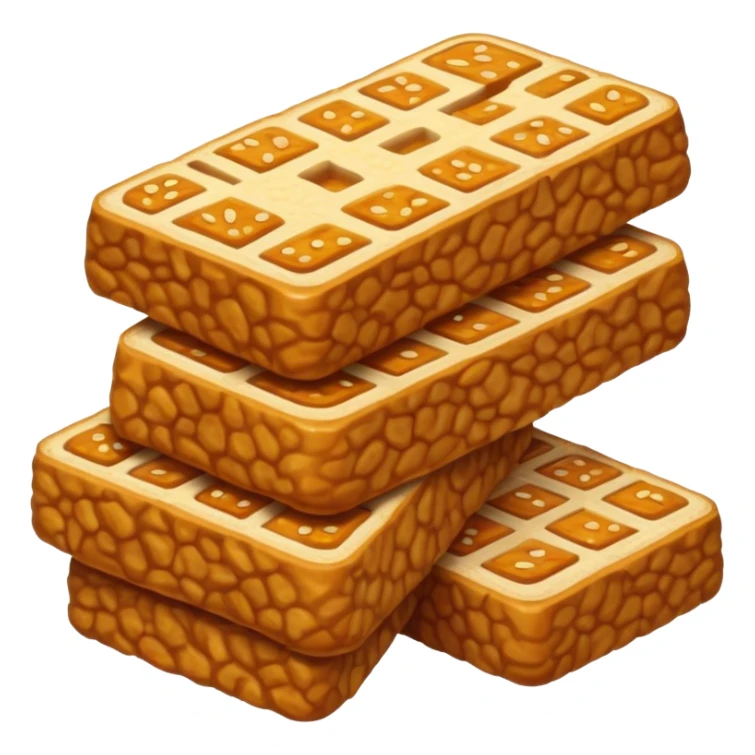 Tempeh Cinematic Realistic Tempeh Dish Emoji, depicted as crispy, sliced portions of fermented soy cake with a golden-brown finish, rendered with detailed textures and warm, inviting lighting. sticker