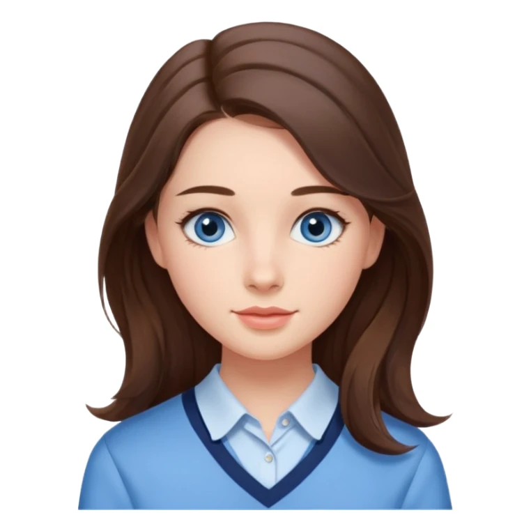 Realistic Student Portrait, with porcelain-like skin featuring a natural rosy flush, iHer Brunette Half-Up Style for Straight  hair flows in soft, Her deep blue eyes radiate warmth and innocence,  wear light blue preppy style. sticker