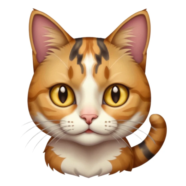 full body anxious looking colourful light calico tabby cat with hazel eyes  and half of face in brown tabby sticker