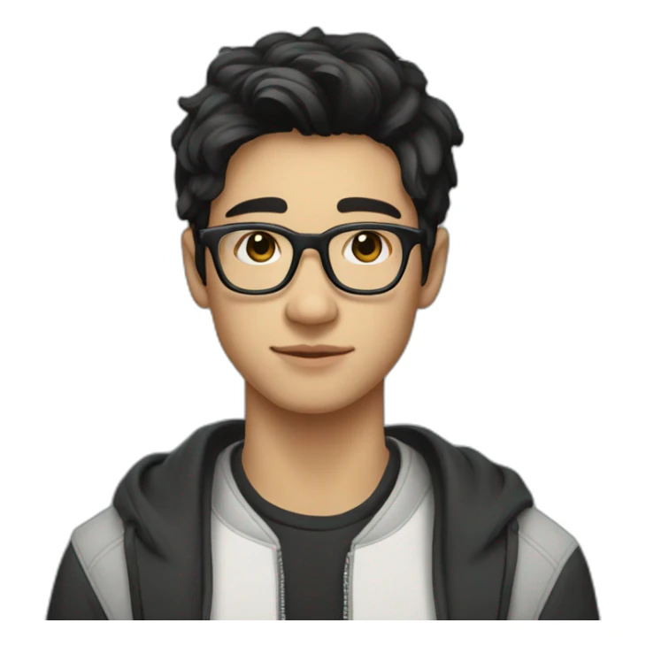 A beautiful student young man with black and medium hair and white skin, wearing round glasses and jacket sticker