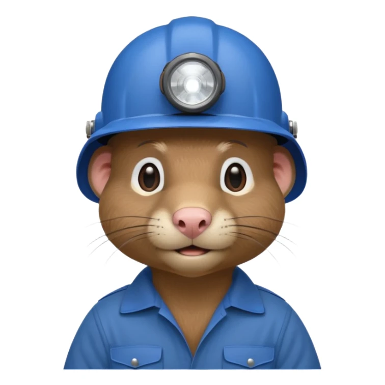 a mole rat, blue helmet, headlamp, brown worker cloth sticker