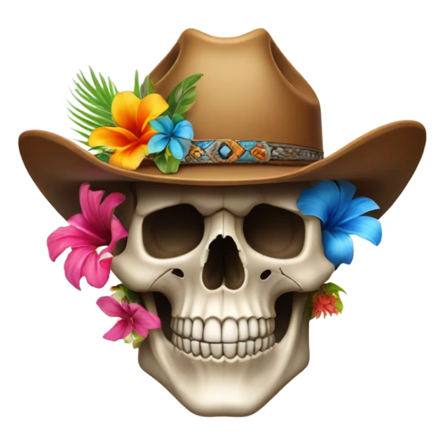 Realistic skull with a cowboy hat on decorated with tropical flowers. sticker