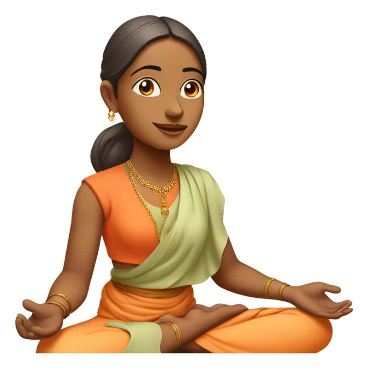 Indian female yogi with meditative expression.  sitting in a lotus position. She wears a sleeveless pastel-colored shirt paired with a flowing orange robe, symbolizing traditional yogic attire. A small red bindi adorns her forehead sticker