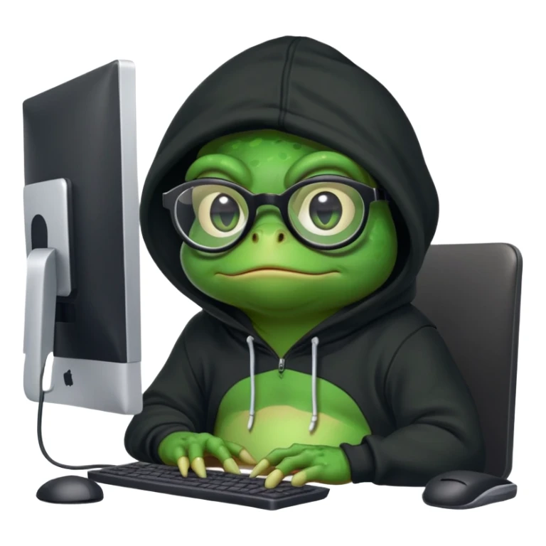 A toad frog wearing a black hoodie with some nerd glasses on sitting behind a computer screen sticker