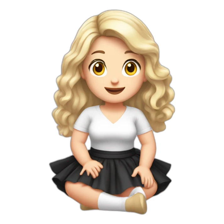 Front view full body curvy caucasian beauty sitting straight hands up black skirt white knickers white socks sticker