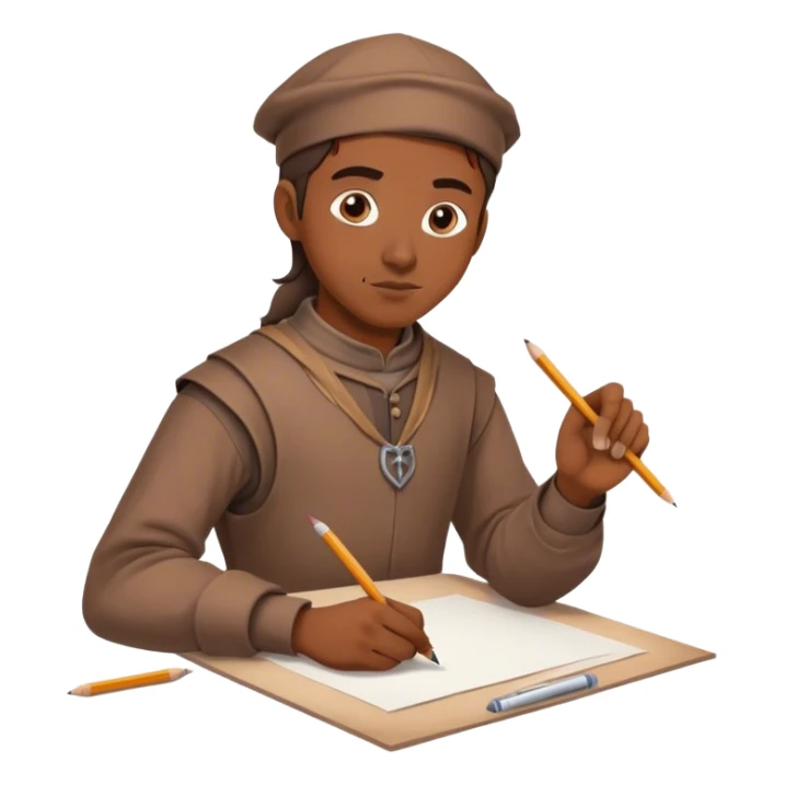 smart medieval painter apprentice with brown clothes drawing paper and pencil sticker