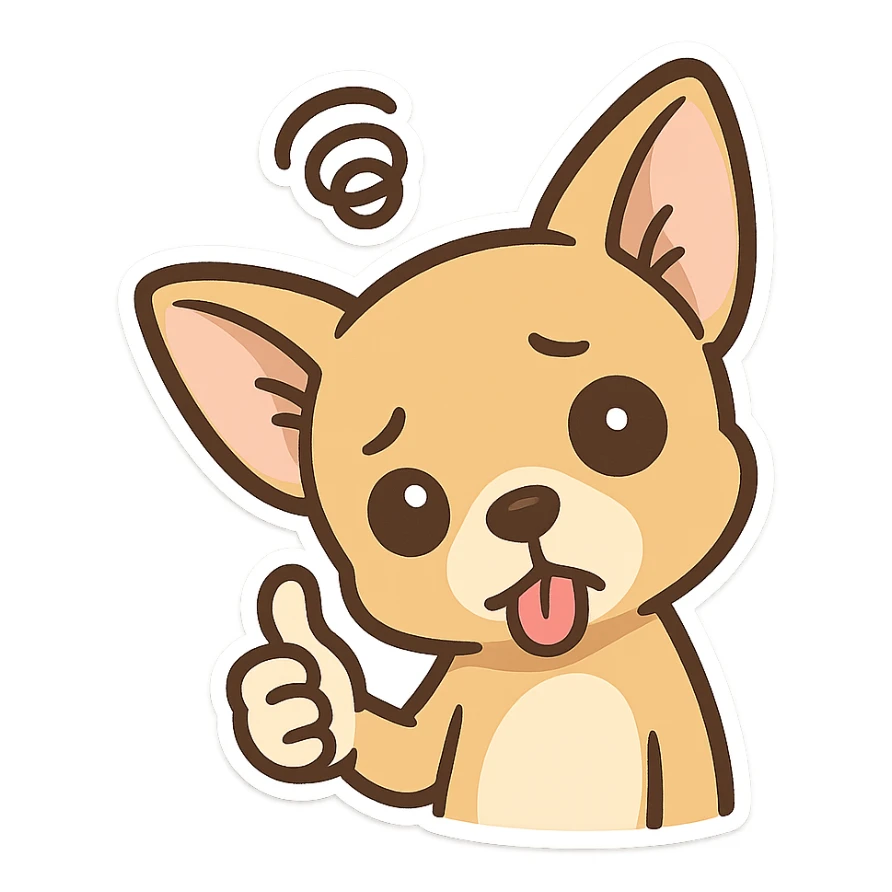 Abstract emoticon pack, a Chihuahua head with a dementia, tilting its head, sticking out its tongue, giving a thumbs up, and an ambiguous expression sticker