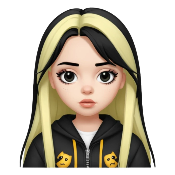 billie eilish as pretty bratz baddie, sharp black eyeliner, black hair sticker