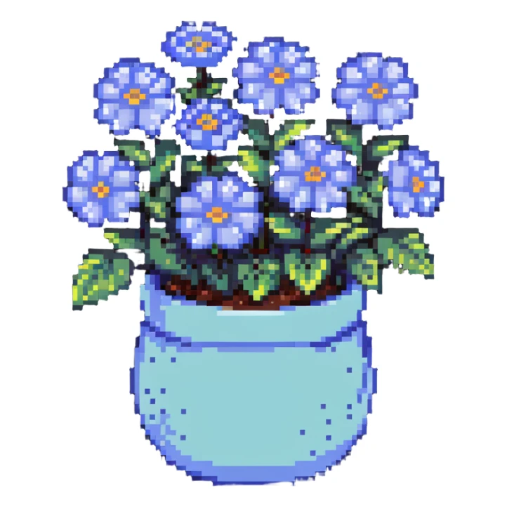 pastel blue flowers growing in a cute pot sticker
