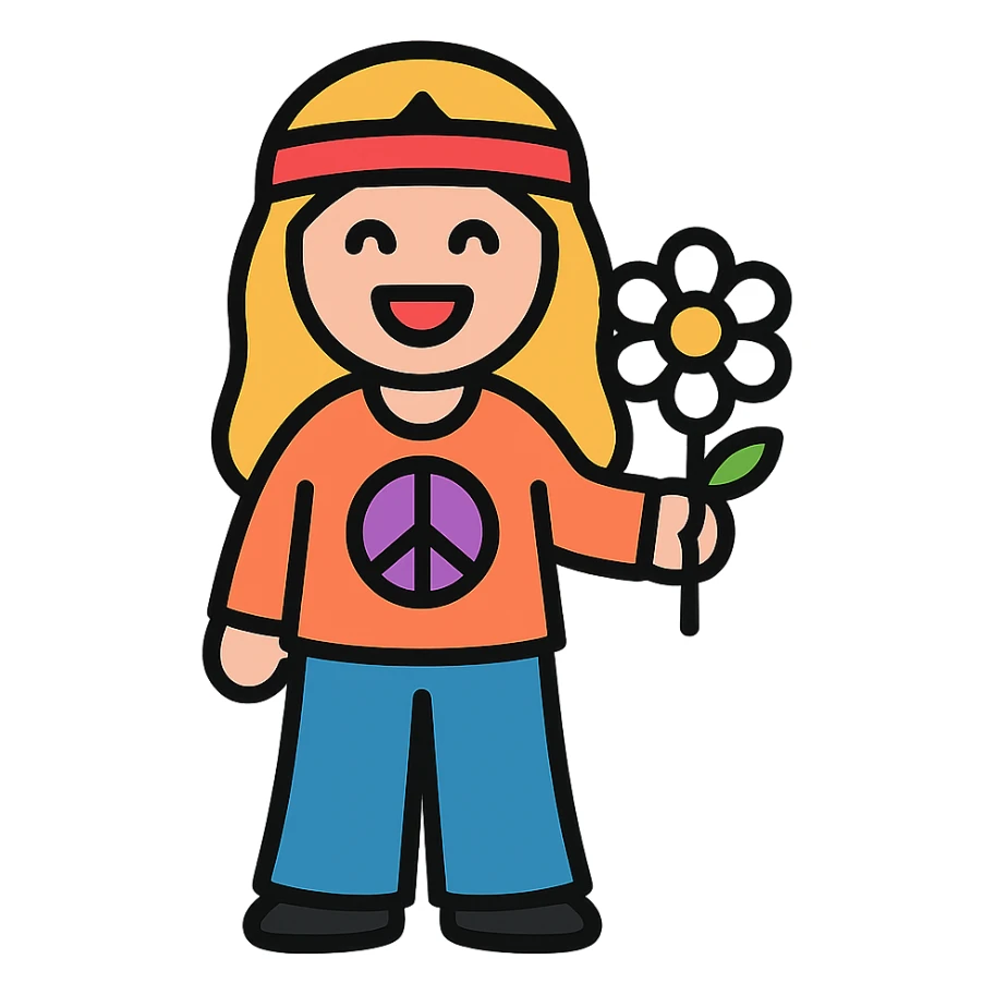 flower child, 1960s hippie, holding a daisy, bell-bottom pants, cheerful, simple icon sticker