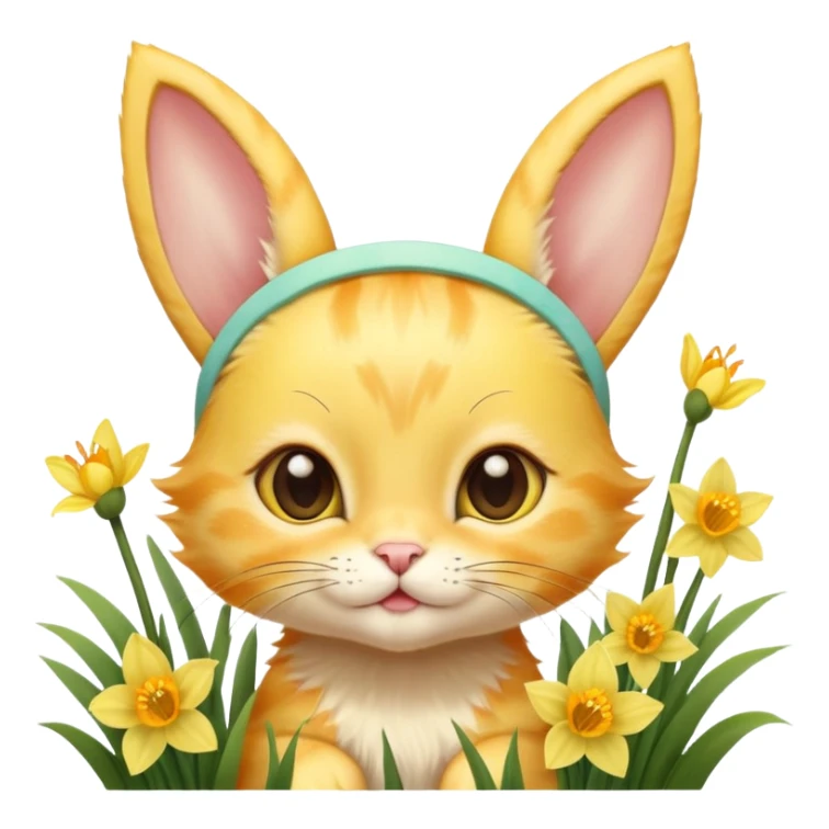 A sunshine yellow kitten with freckles, bunny ears headband, surrounded by daffodils and playful butterflies. sticker
